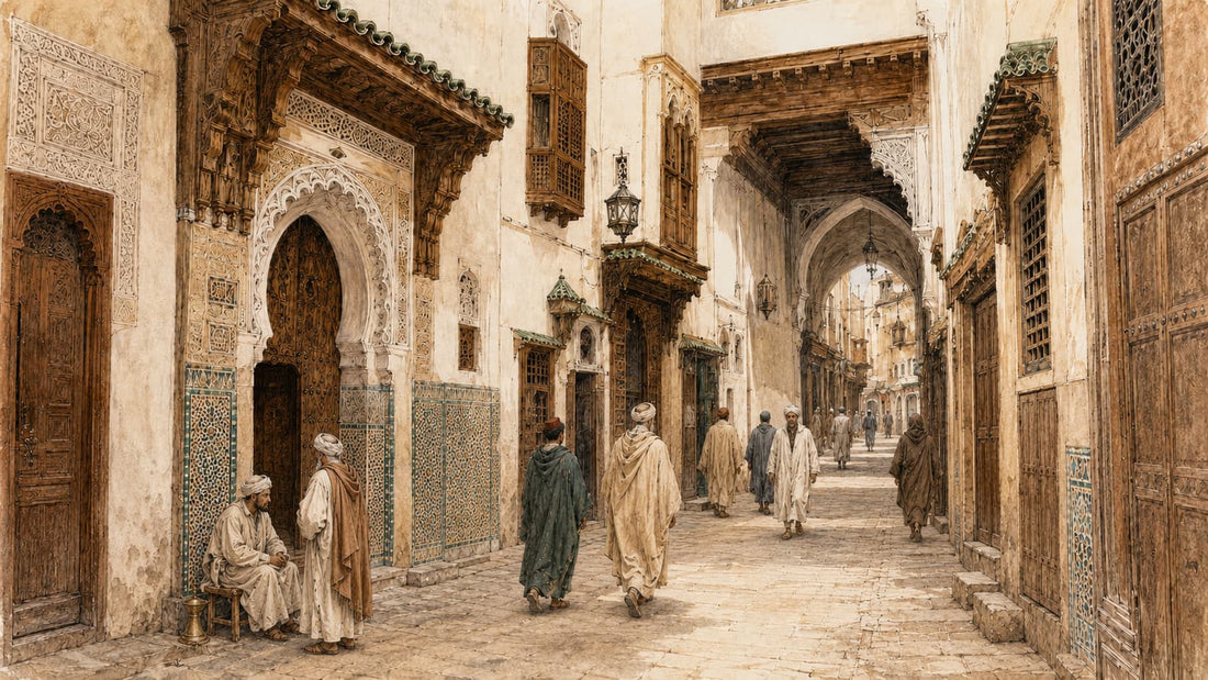 Hand-painted 16th-century Fez medina street with carved gates, tiled walls, and passing figures.