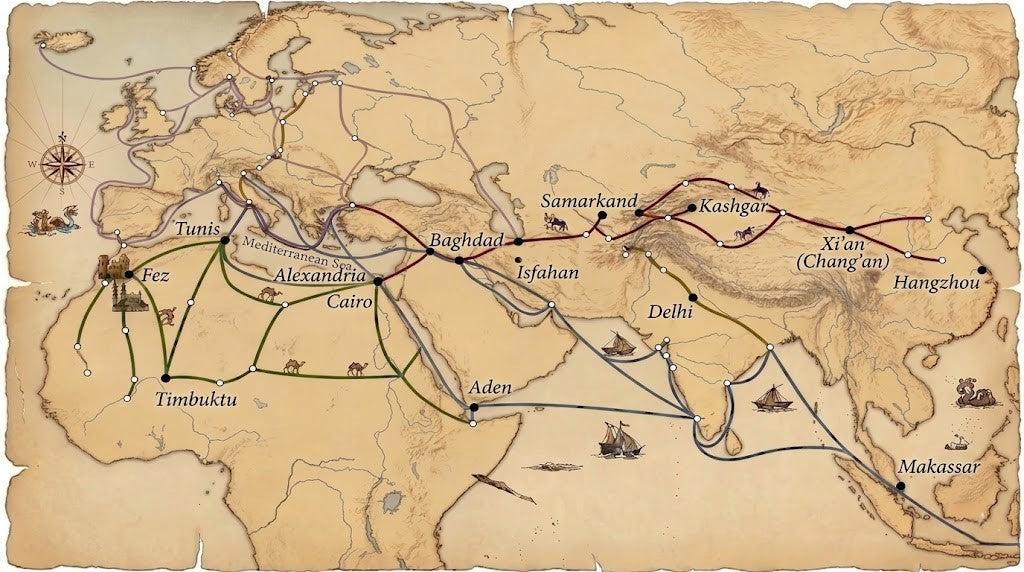 Historical trade route map leading to Fez, Morocco