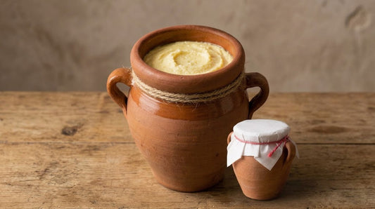 Moroccan smen, an aged salted butter, displayed in clay jars on a wooden table.