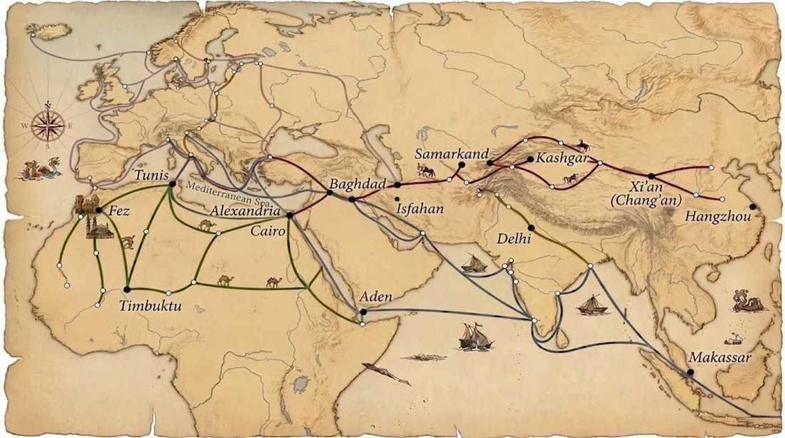 Historical trade route map connecting Fez, Morocco, to Timbuktu, Baghdad, and Asia