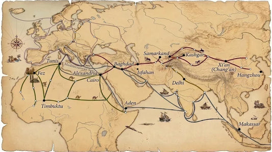 Historical trade route map connecting Fez, Morocco, to Timbuktu, Baghdad, and Asia