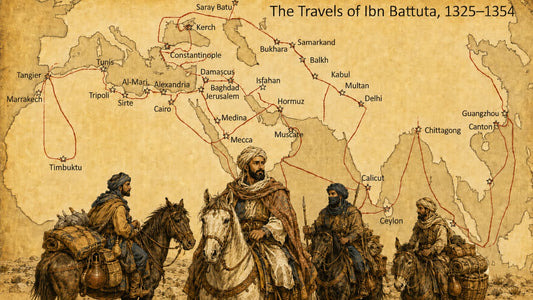 Map of Ibn Battuta’s travels from 1325 to 1354 across North Africa, the Middle East, India, and Asia
