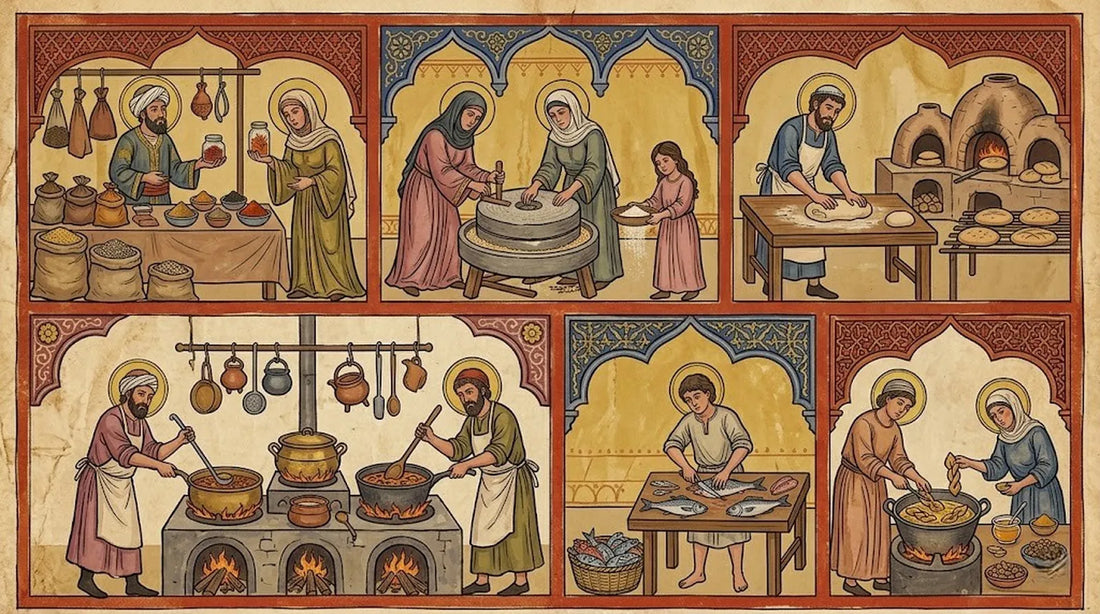Scenes of Andalusian daily food life — spices, bread, fish, and cooking — in medieval manuscript style with Moorish arches
