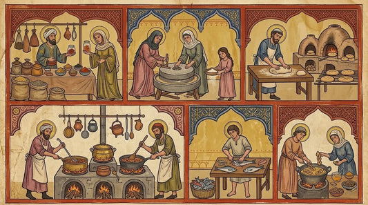Scenes of Andalusian daily food life — spices, bread, fish, and cooking — in medieval manuscript style with Moorish arches