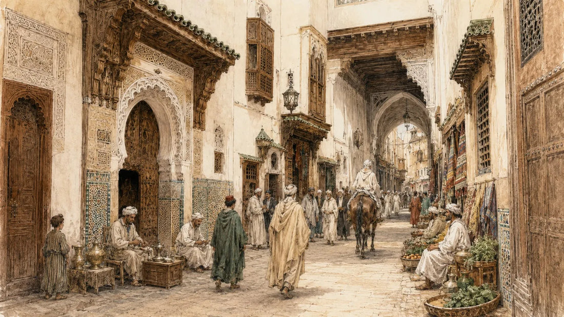 16th-century Fez medina street market with merchants selling brass vessels, textiles, and produce, and a rider on horseback passing through