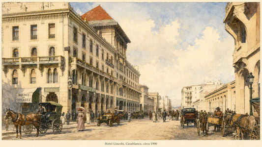 Hotel Lincoln on a busy Casablanca boulevard around 1900, with horse carriages, early automobiles, and pedestrians in period dress