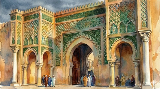 Bab Mansour gate in Meknes, Morocco, with green zellige tilework and horseshoe arches