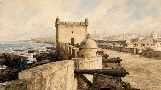 19th-century Mogador port ramparts lined with cannons overlooking the Atlantic coast, with the walled city and its towers in the background