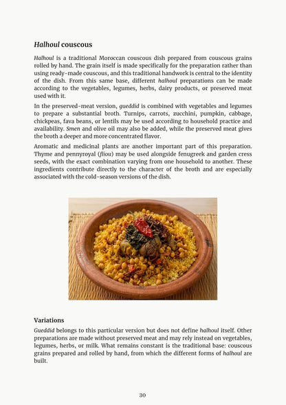 Halhoul couscous page with a photo of the prepared dish and text describing its traditional preparation.
