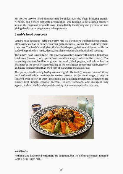 Lamb’s head couscous page showing preparation details and a traditional couscous dish topped with lamb’s head.