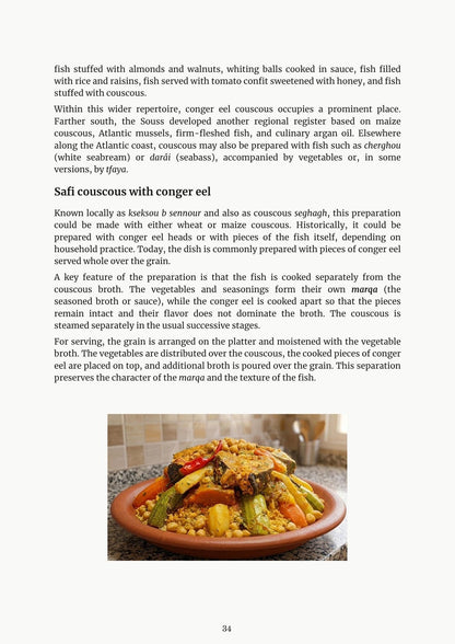 Moroccan fish couscous page with preparation text and a photo of couscous with fish and vegetables.