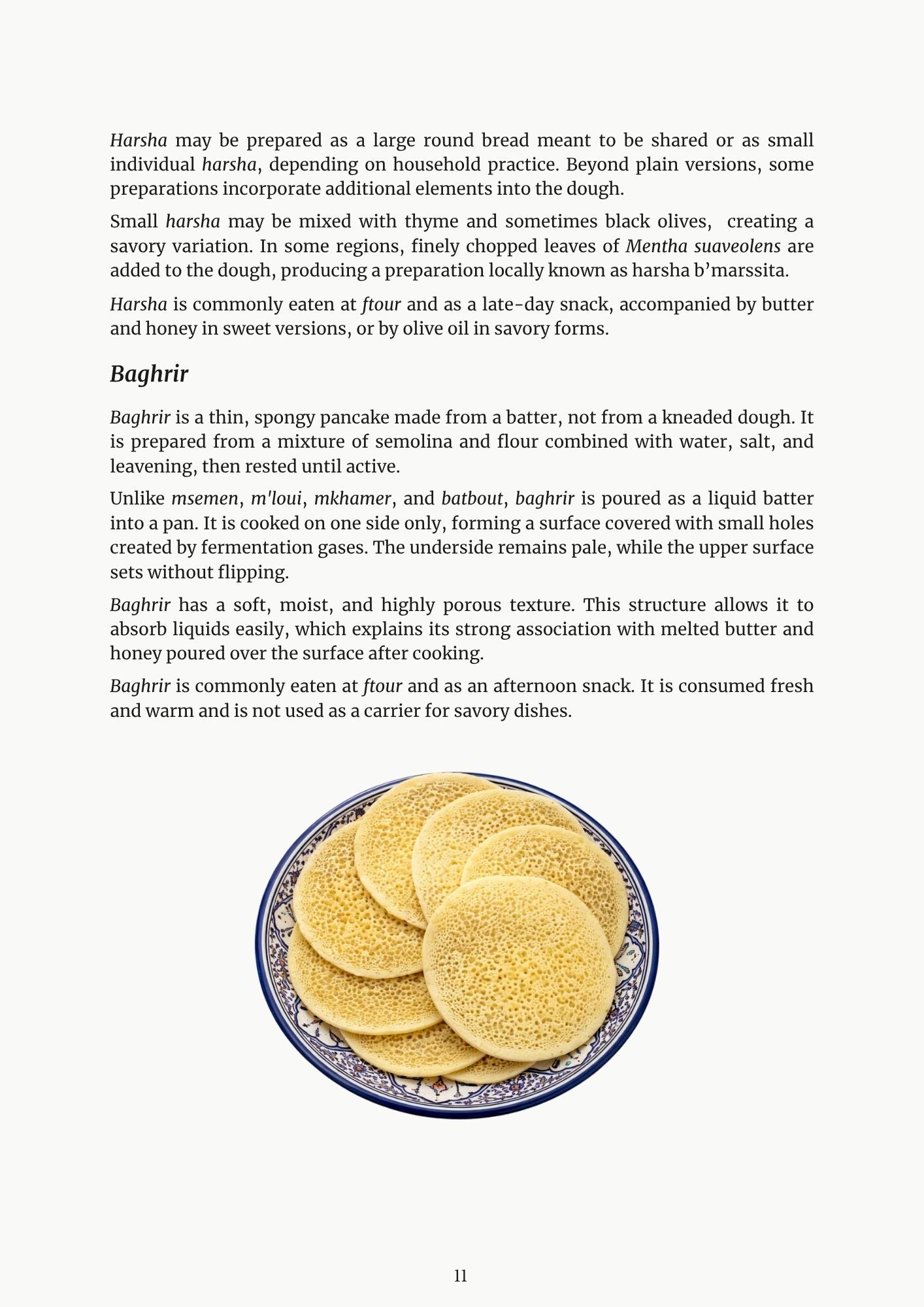 How Morocco Eats ebook page — harsha and baghrir with plate on white background