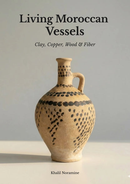 Living Moroccan Vessels ebook cover featuring a traditional decorated Moroccan ceramic jug