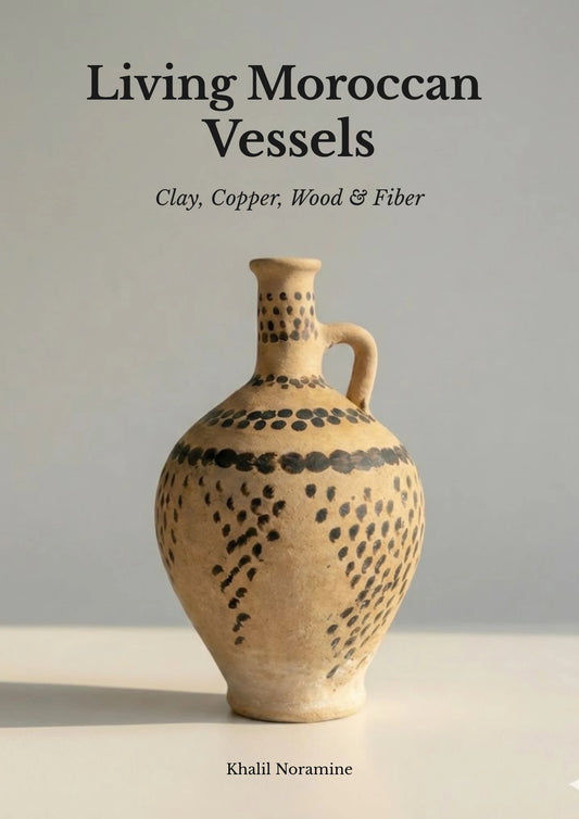 Living Moroccan Vessels ebook cover featuring a traditional decorated Moroccan ceramic jug