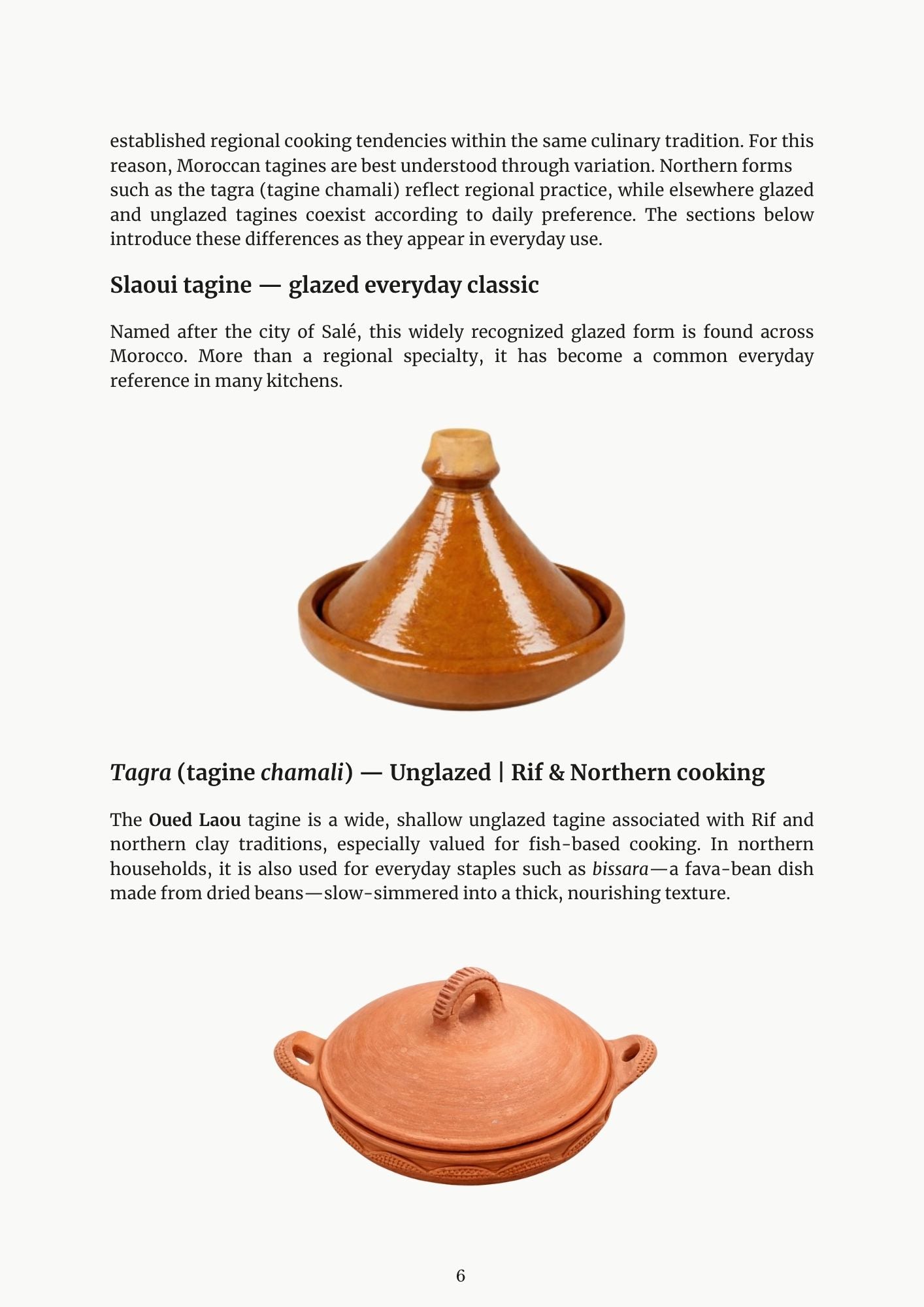 Living Moroccan Vessels ebook page about different types of tagines — glazed and unglazed clay tagines