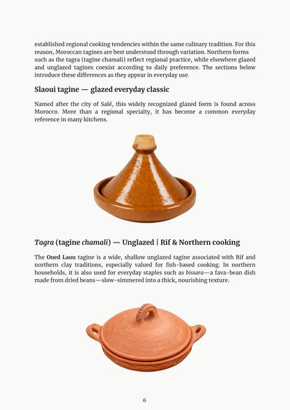 Living Moroccan Vessels ebook page about different types of tagines — glazed and unglazed clay tagines
