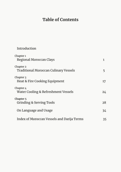 Living Moroccan Vessels ebook table of contents — Moroccan clays, culinary vessels, and cooking equipment