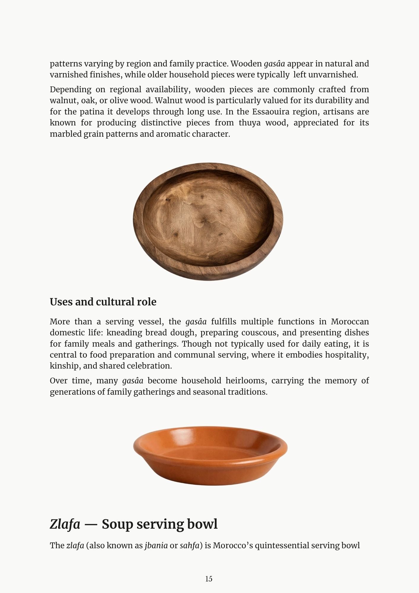 Living Moroccan Vessels ebook page — wooden soup serving bowls with text about their uses and cultural significance on white background