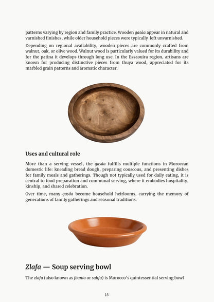 Living Moroccan Vessels ebook page — wooden soup serving bowls with text about their uses and cultural significance on white background