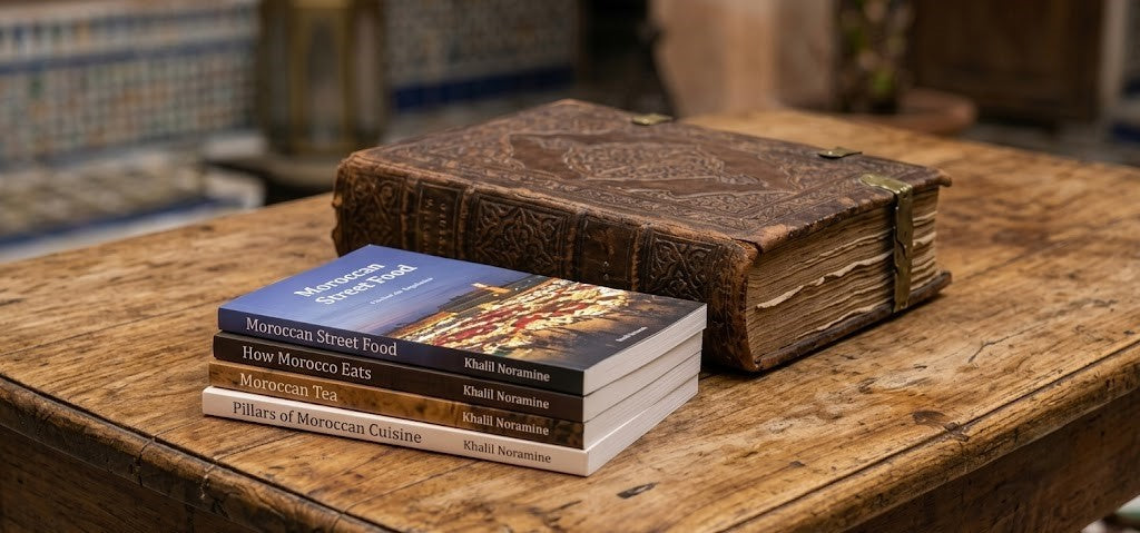 Moroccan culinary heritage ebooks beside an antique Moroccan book on a wooden table.