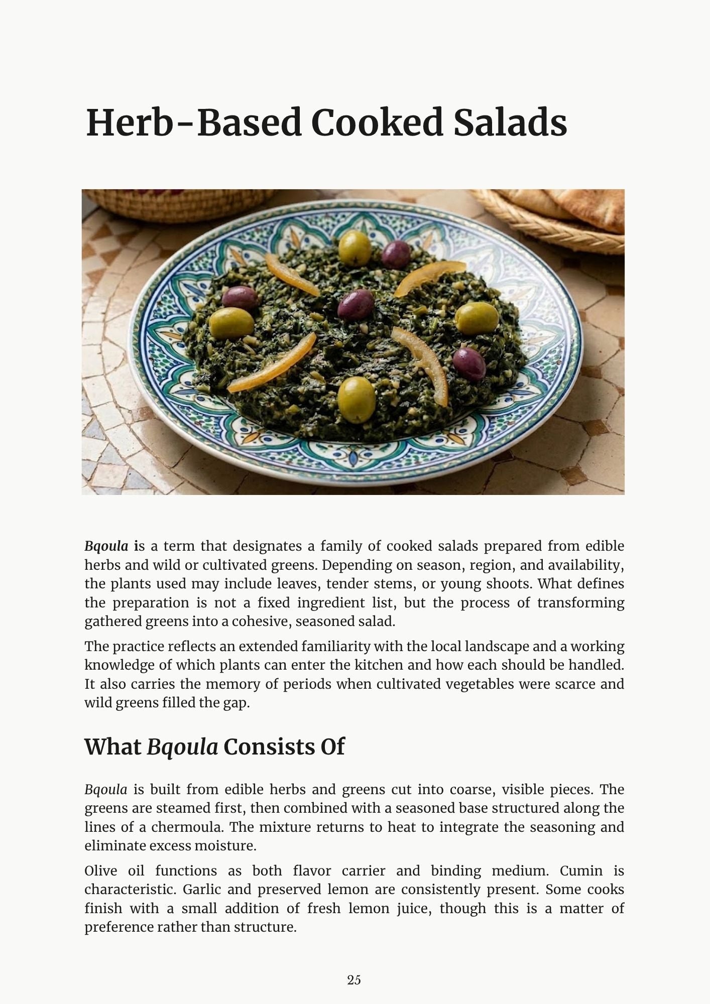 Moroccan Salads ebook page about bqoula herb-based cooked salad