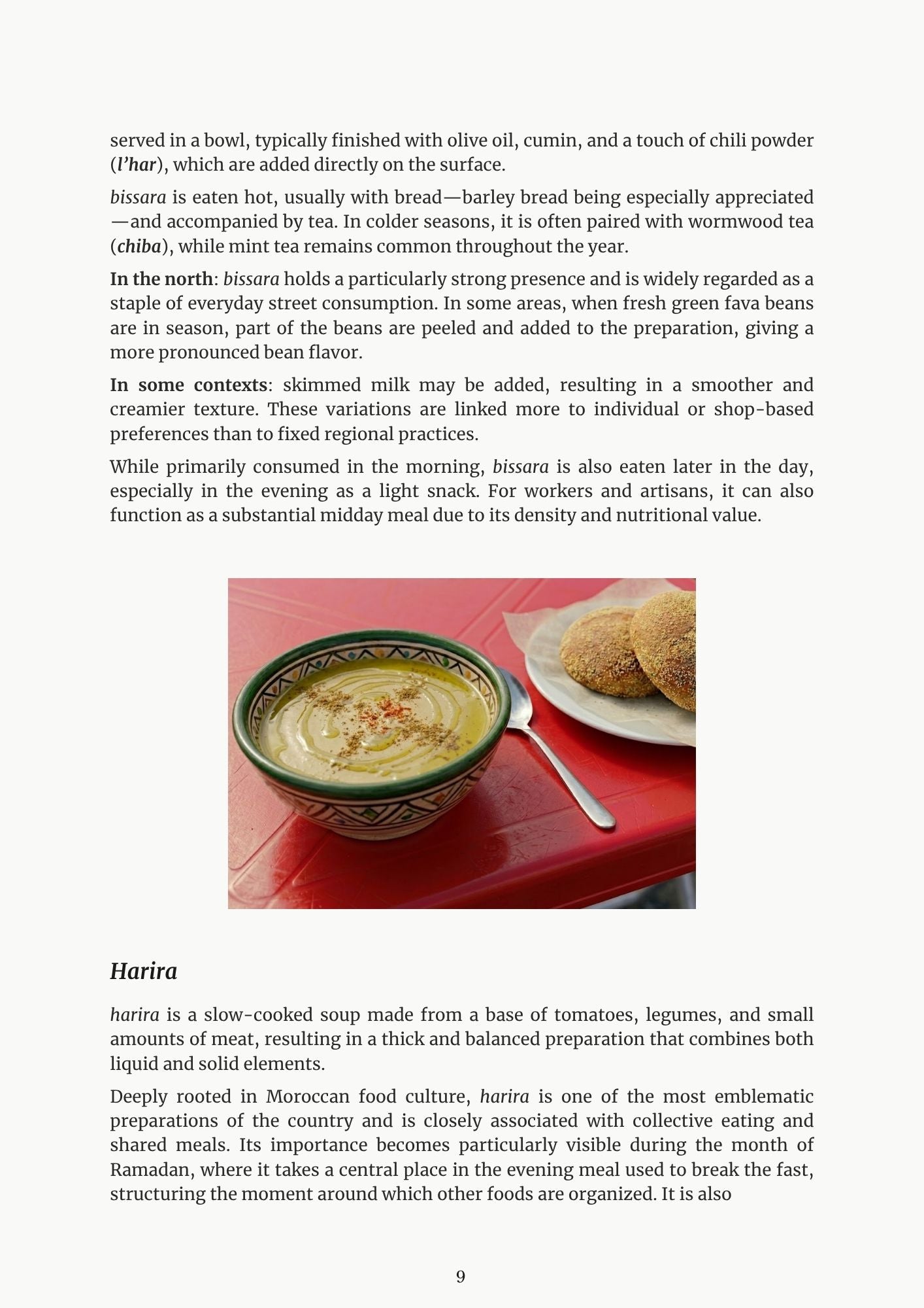 Moroccan Street Food ebook page featuring a bowl of bissara, a traditional Moroccan fava bean soup