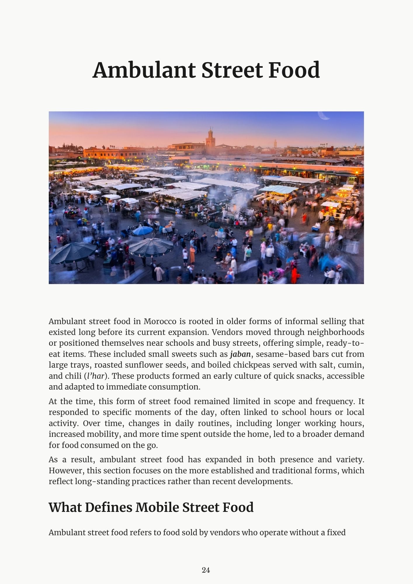 Moroccan Street Food ebook page — street food cart with vendor and customers in cityscape