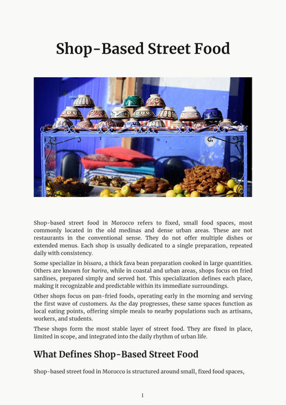Moroccan Street Food ebook page — shop-based street food display with various items on shelf