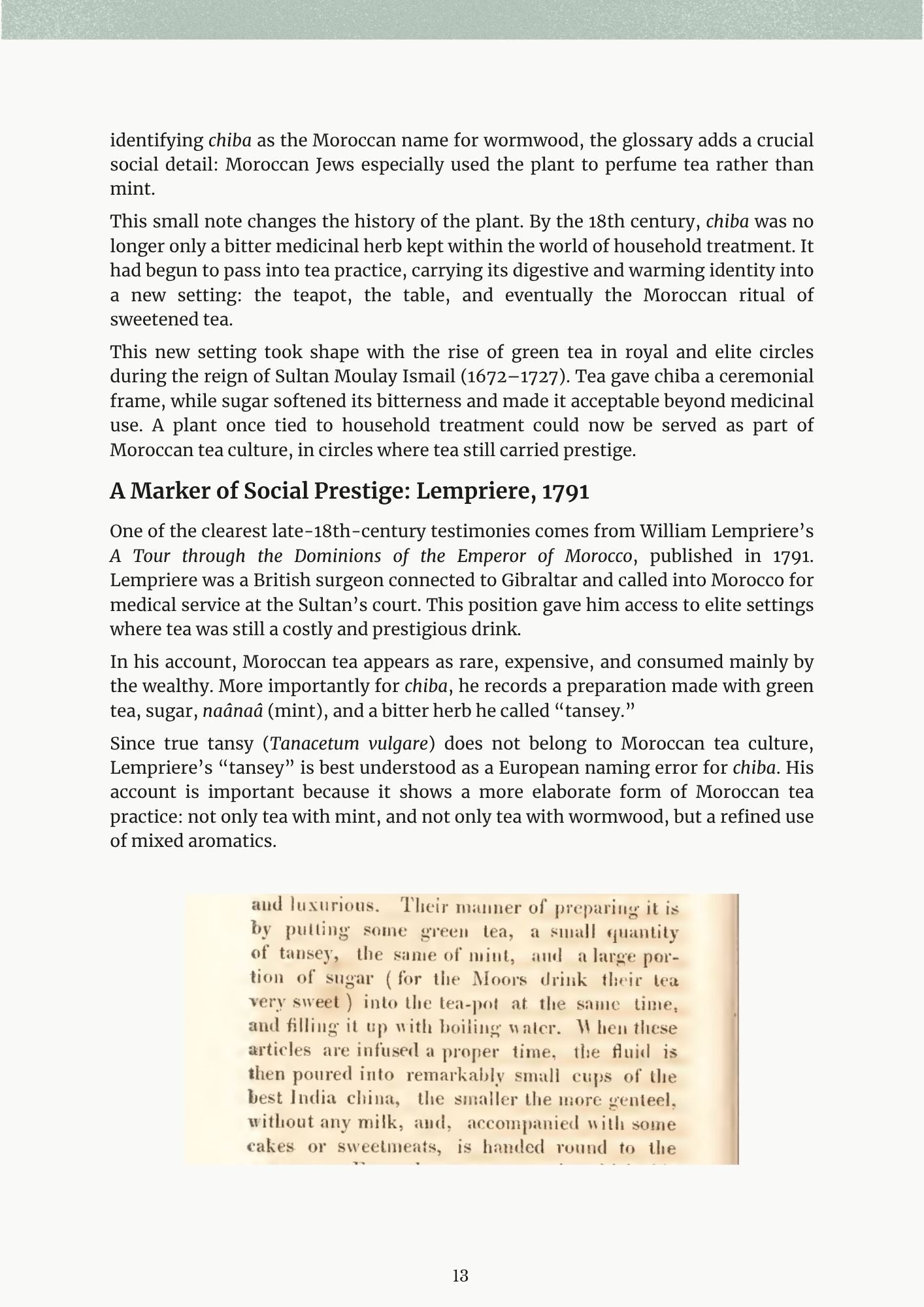 Moroccan Tea ebook page — chiba wormwood in Moroccan tea history with excerpt from William Lempriere 1791
