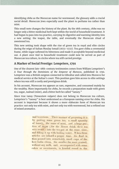 Moroccan Tea ebook page — chiba wormwood in Moroccan tea history with excerpt from William Lempriere 1791