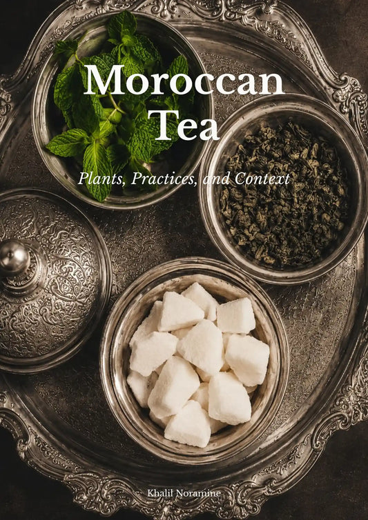 Moroccan Tea: Plants, Practices, and Context ebook cover — silver tea containers with mint, loose leaf tea and white sugar cubes on ornate tray