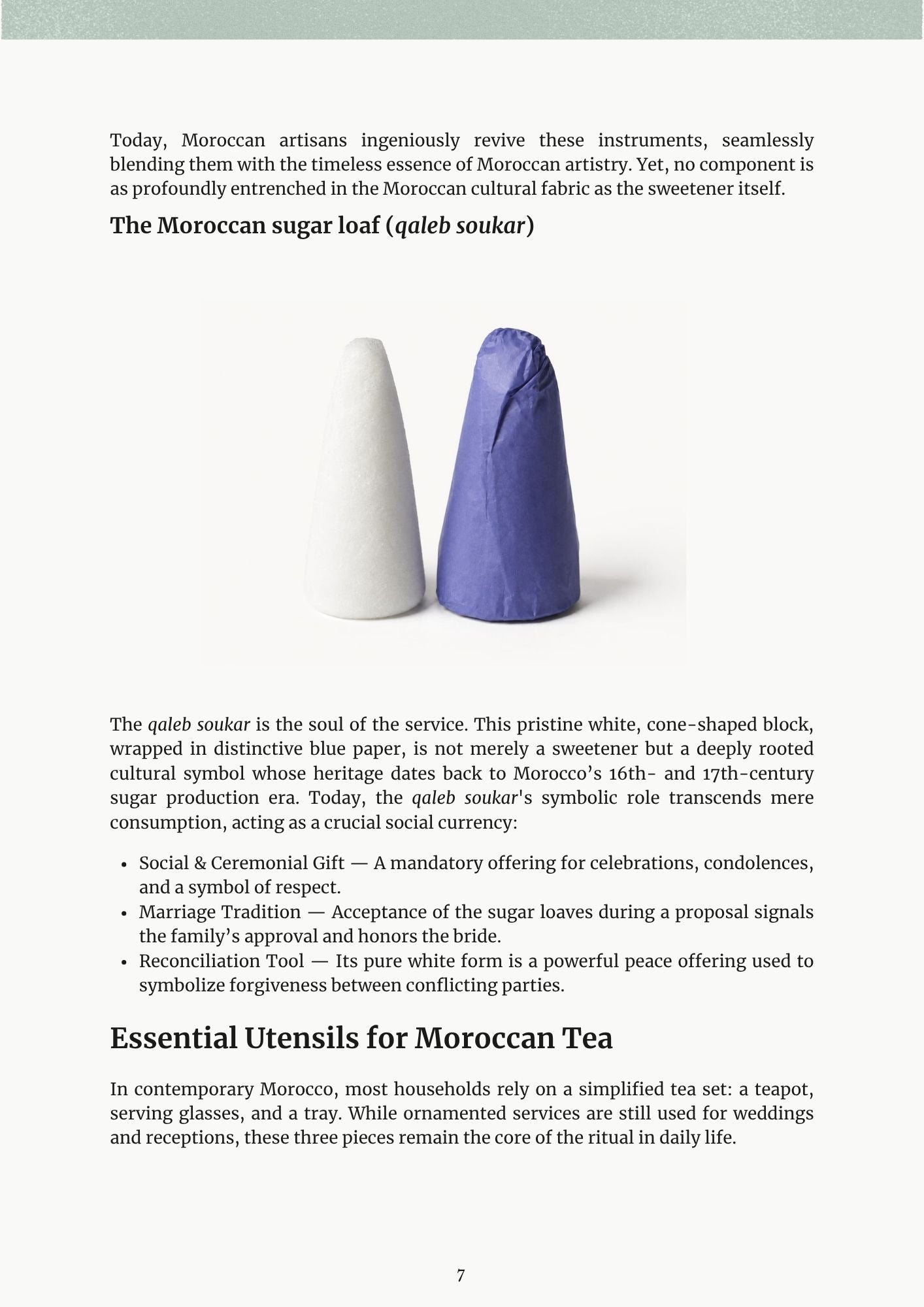 Moroccan Tea ebook page — two Moroccan sugar loaves, white and blue, on light gray background with text about cultural significance