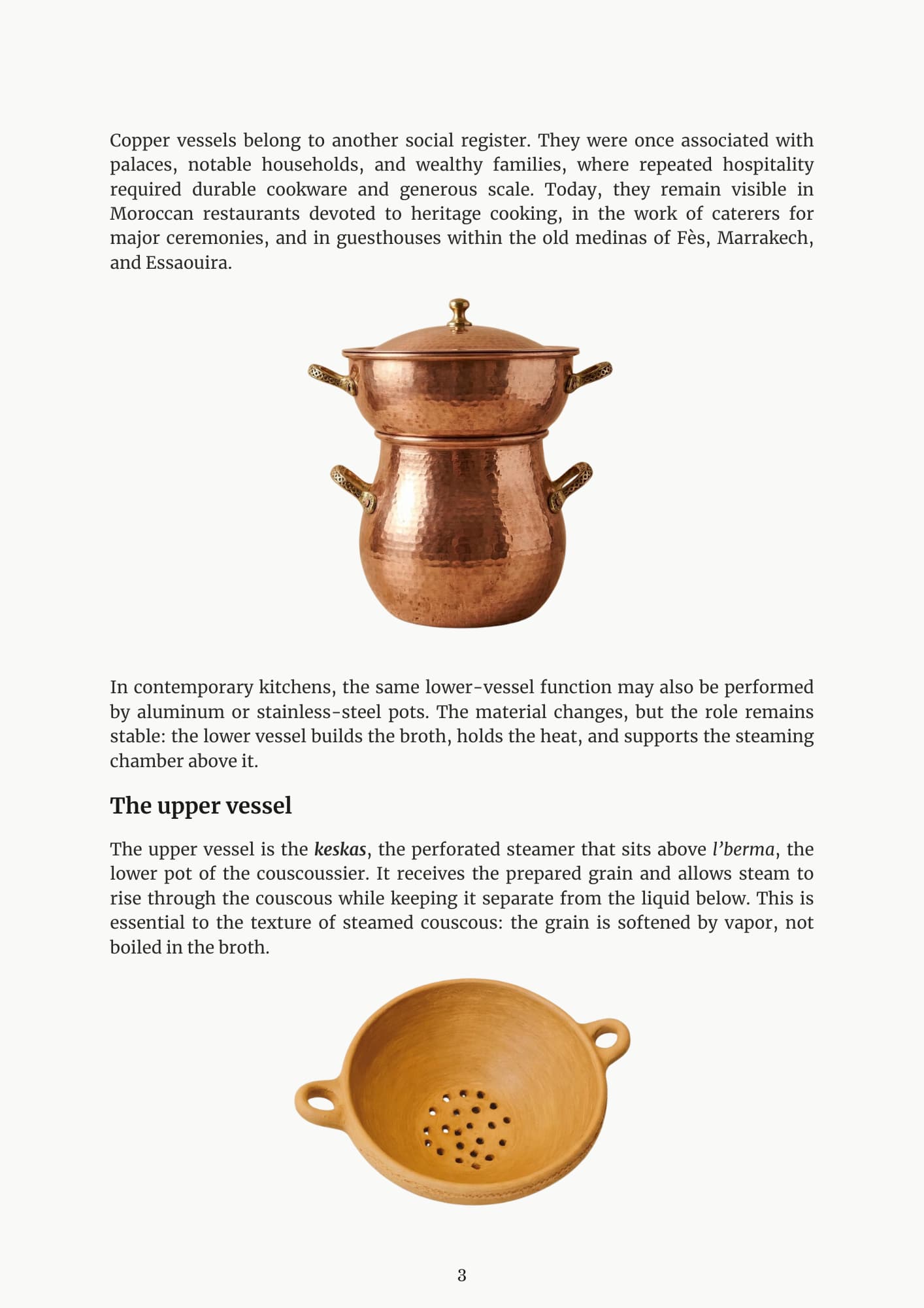 Traditional Moroccan couscous cooking vessels in copper and terracotta.