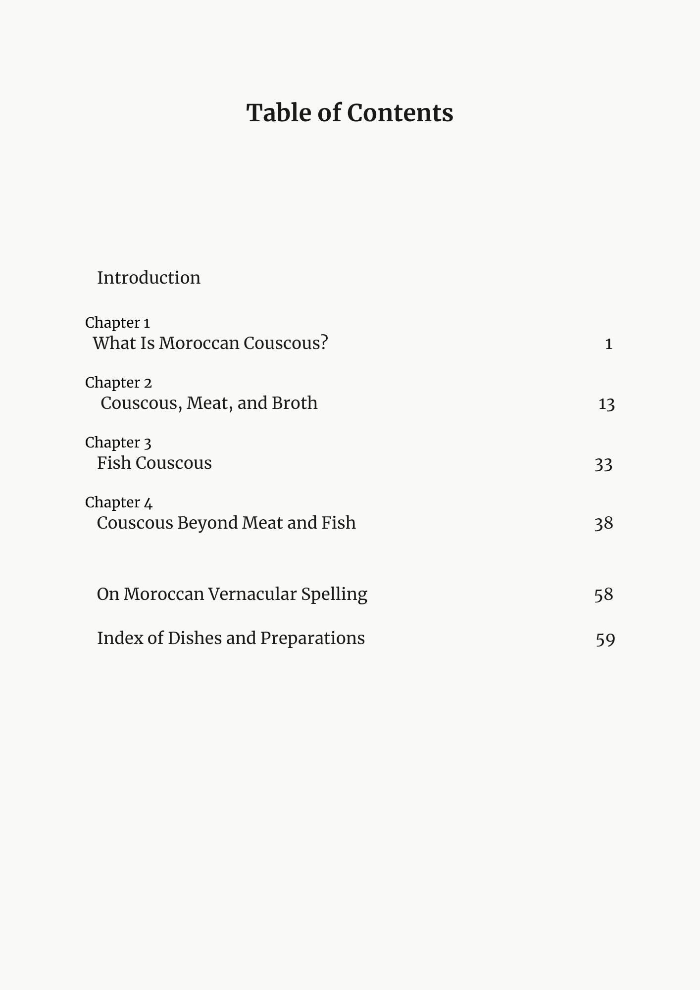 Table of contents for the Moroccan Couscous ebook, listing chapters and page numbers.