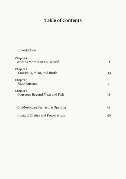 Table of contents for the Moroccan Couscous ebook, listing chapters and page numbers.