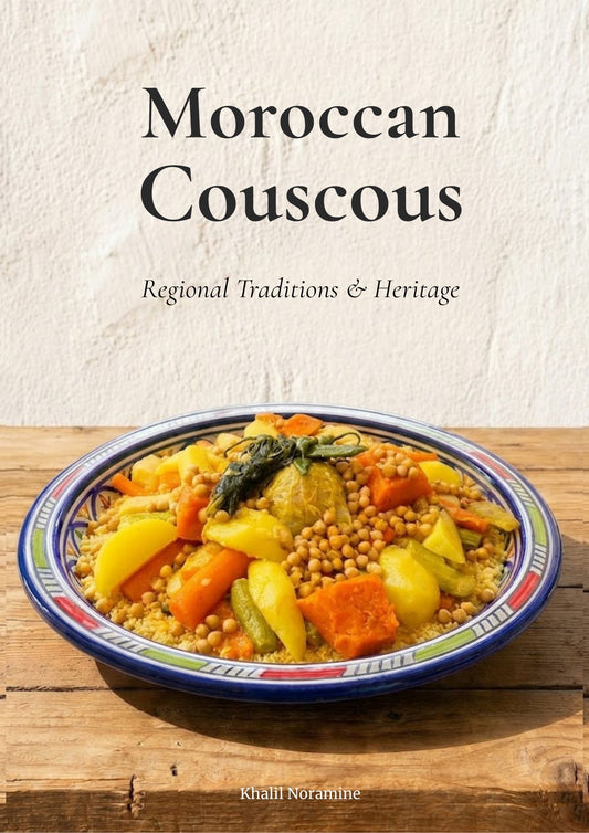 Moroccan Couscous ebook cover featuring a traditional Moroccan couscous dish, by Khalil Noramine.