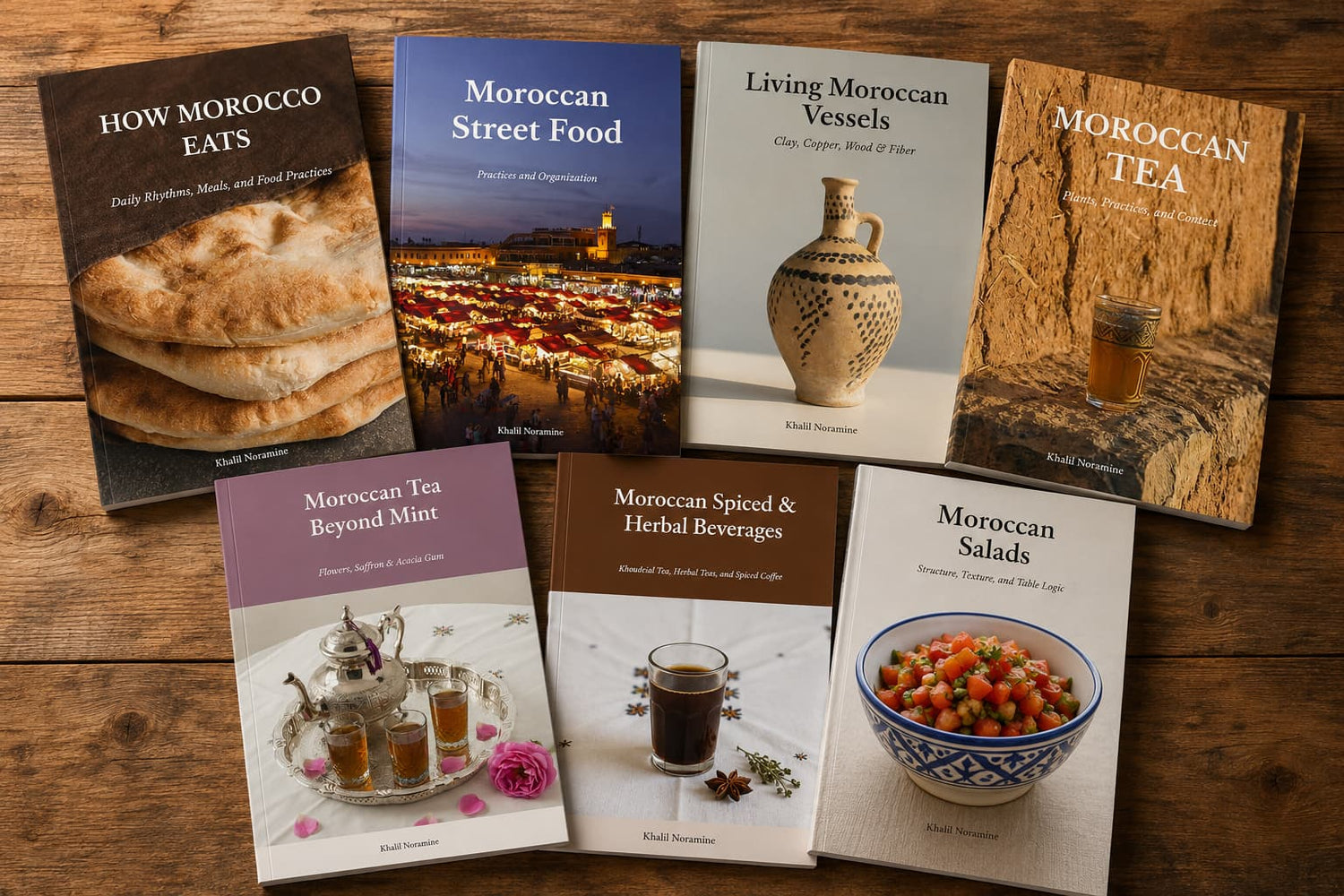 Seven MoroccoLore ebook covers about Moroccan cuisine and food culture arranged on a rustic wooden table.