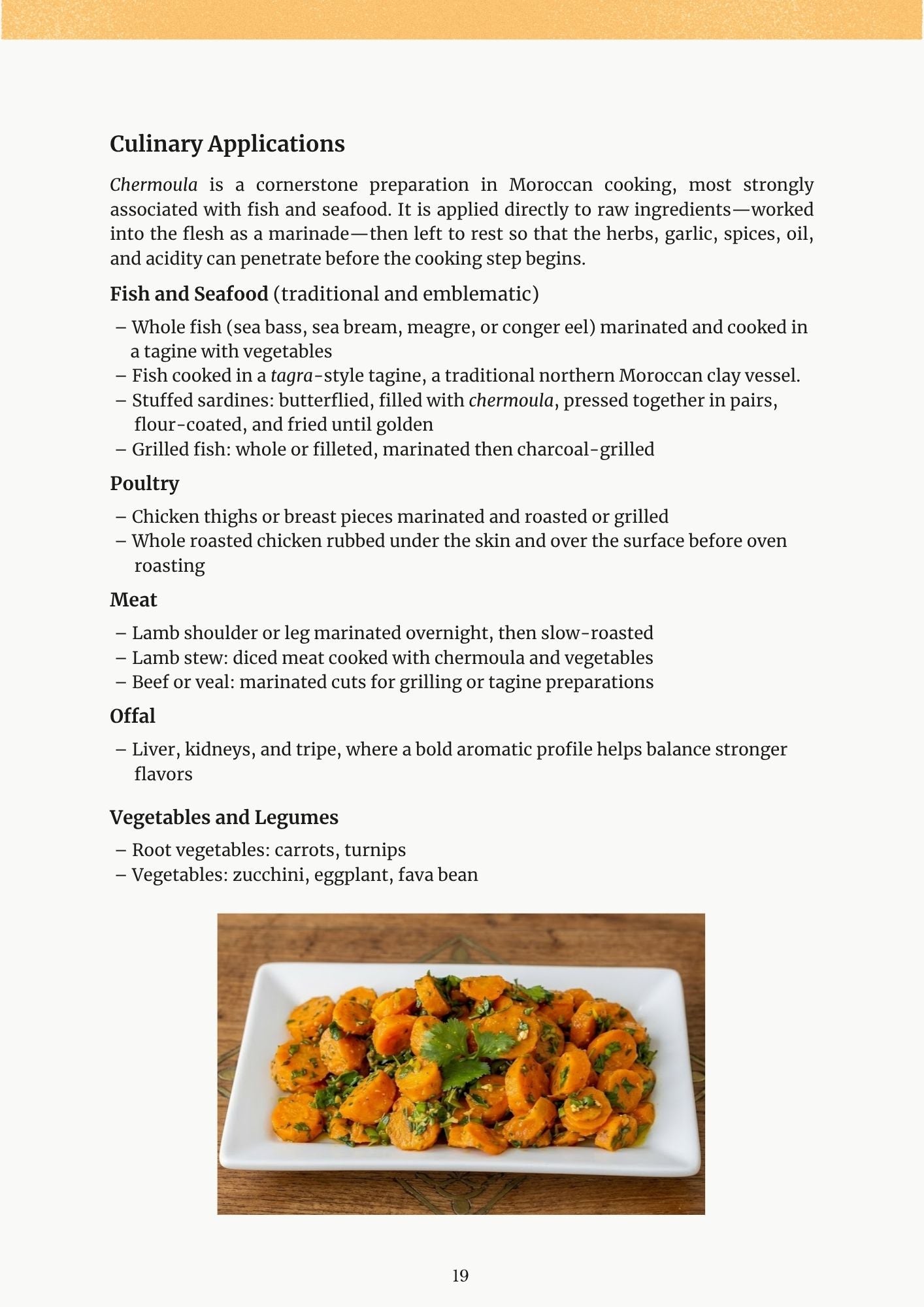 Pillars of Moroccan Cuisine ebook page about chermoula culinary applications