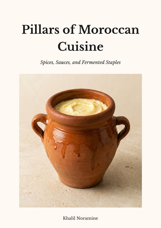 Pillars of Moroccan Cuisine ebook cover featuring a traditional clay pot of smen