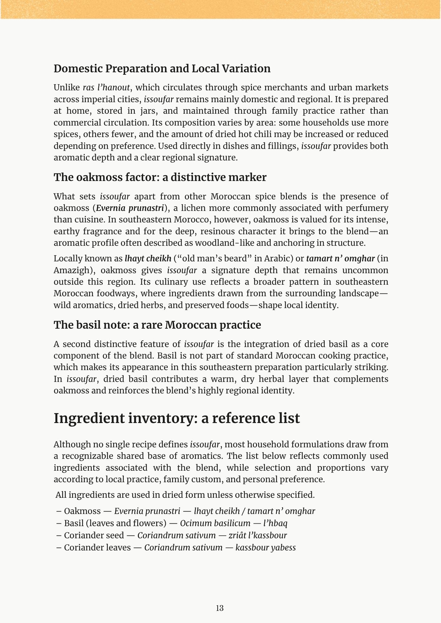 Pillars of Moroccan Cuisine ebook page about issoufar ingredients and regional variation