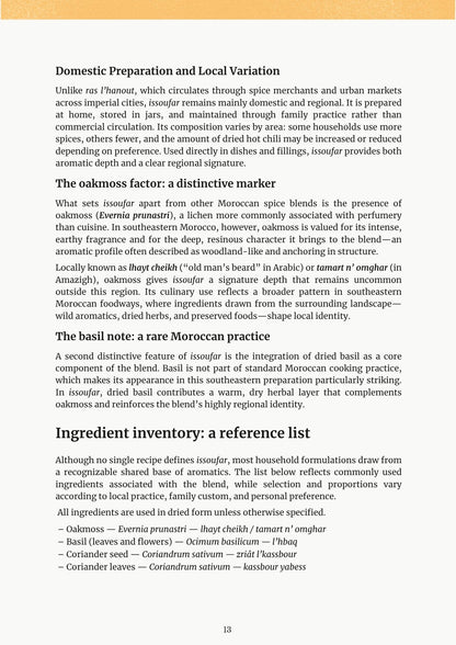 Pillars of Moroccan Cuisine ebook page about issoufar ingredients and regional variation