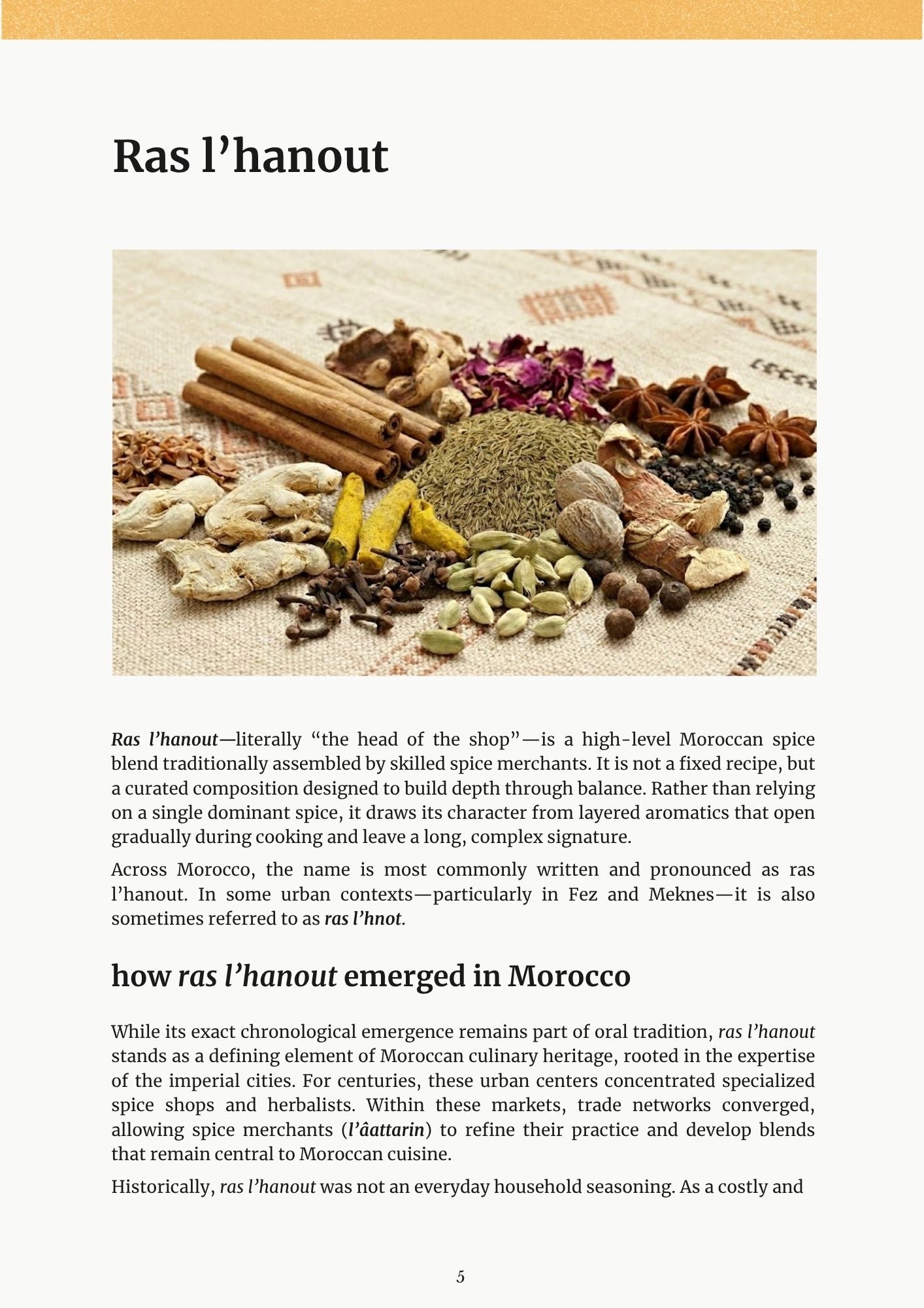 Pillars of Moroccan Cuisine ebook page about ras l’hanout